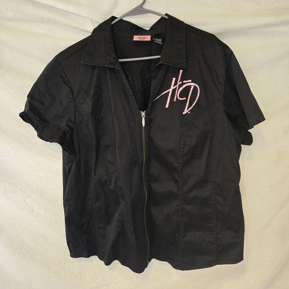 Harley Davidson Women's Zip Up Short Sleeve Black Blouse Pink Gems Lettering 2XL